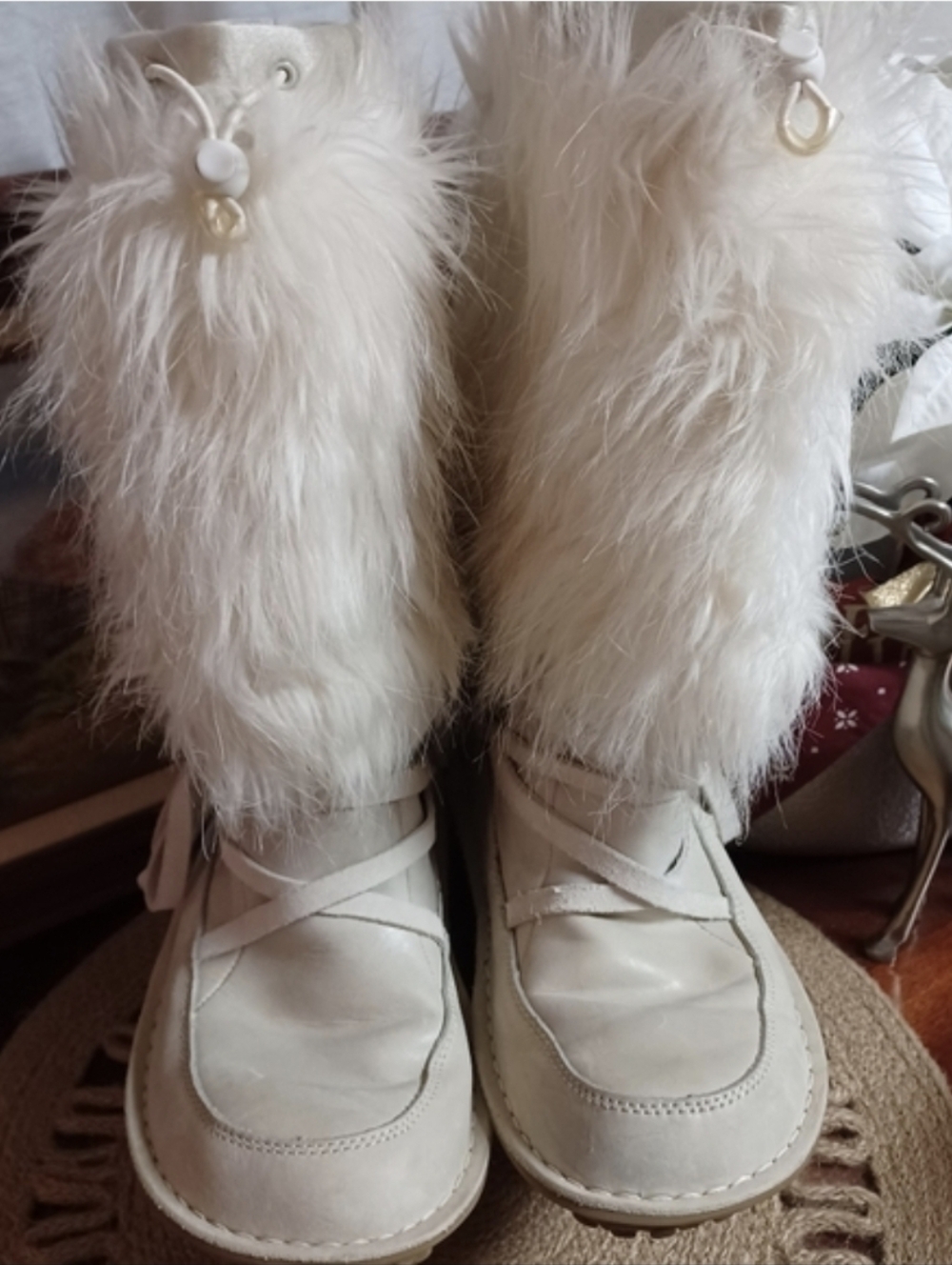Sorel AHNAH Women's 6.5" Fur Leather Cream/White Tall Sherpa Lined Boots